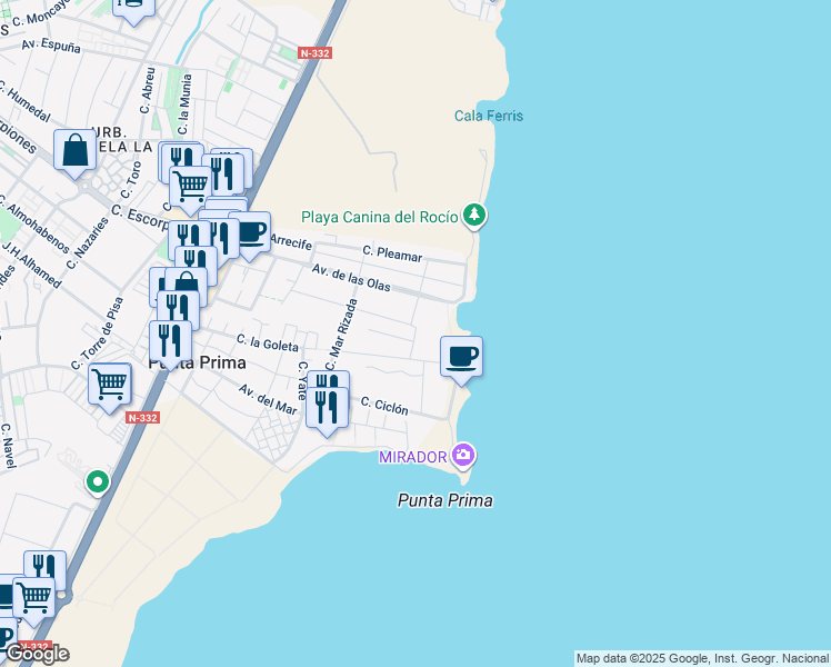 map of restaurants, bars, coffee shops, grocery stores, and more near in Torrevieja