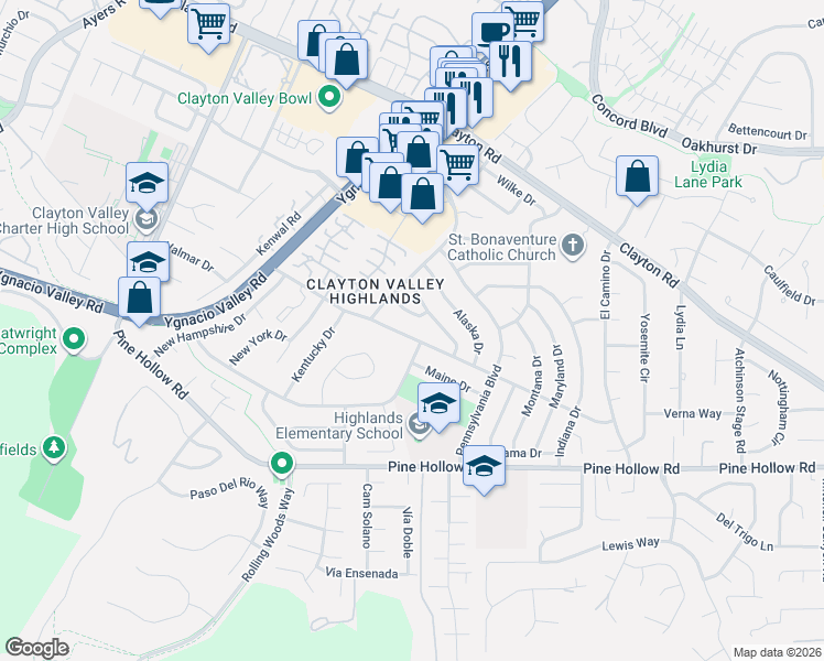 map of restaurants, bars, coffee shops, grocery stores, and more near 5510 Nebraska Drive in Concord