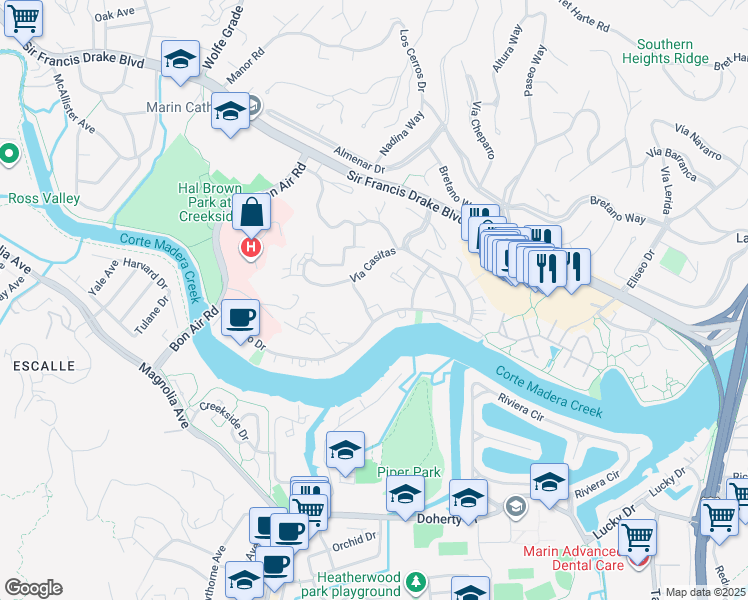 map of restaurants, bars, coffee shops, grocery stores, and more near Vía Holon in Larkspur