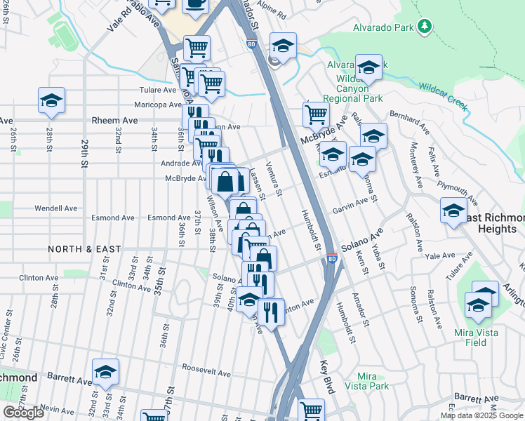 map of restaurants, bars, coffee shops, grocery stores, and more near 869 Lassen Street in Richmond