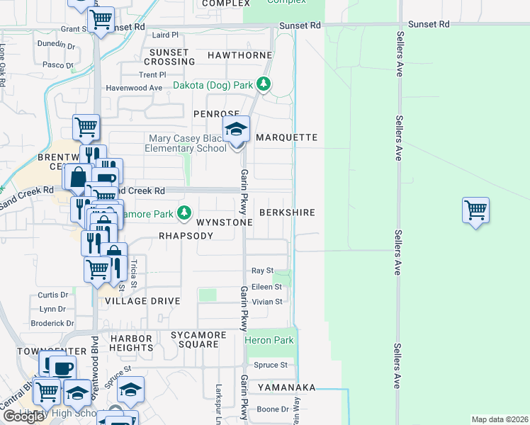 map of restaurants, bars, coffee shops, grocery stores, and more near 1389 Springdale Court in Brentwood
