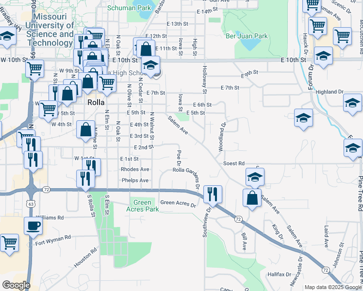 map of restaurants, bars, coffee shops, grocery stores, and more near 109 Poe Drive in Rolla
