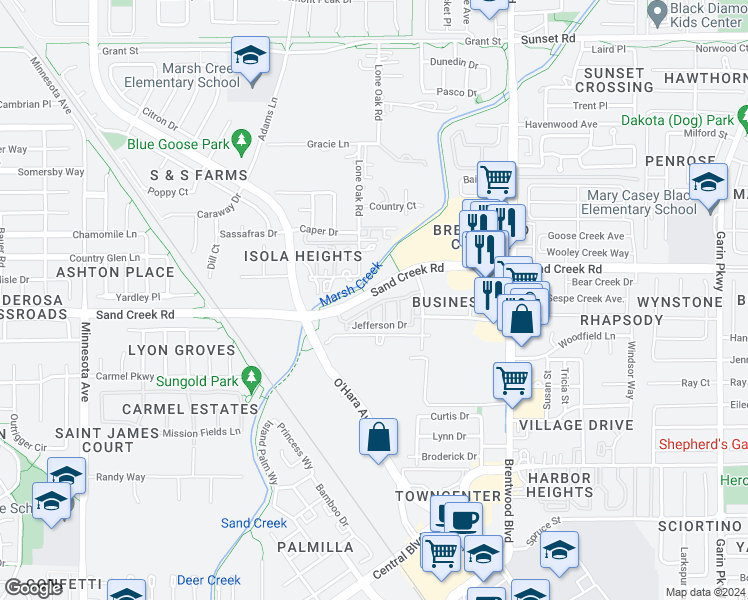 map of restaurants, bars, coffee shops, grocery stores, and more near 251 Washington Drive in Brentwood