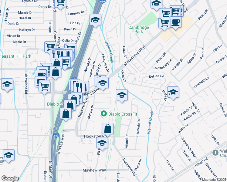 map of restaurants, bars, coffee shops, grocery stores, and more near 2387 Lisa Lane in Pleasant Hill