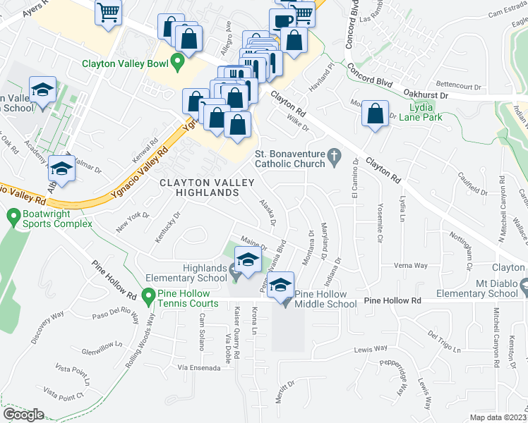 map of restaurants, bars, coffee shops, grocery stores, and more near 5522 Alaska Drive in Concord