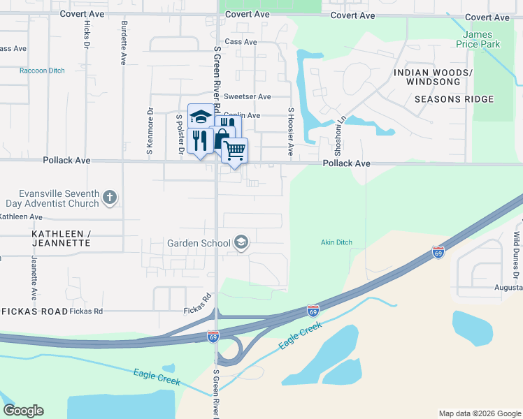 map of restaurants, bars, coffee shops, grocery stores, and more near Paddock Drive in Evansville