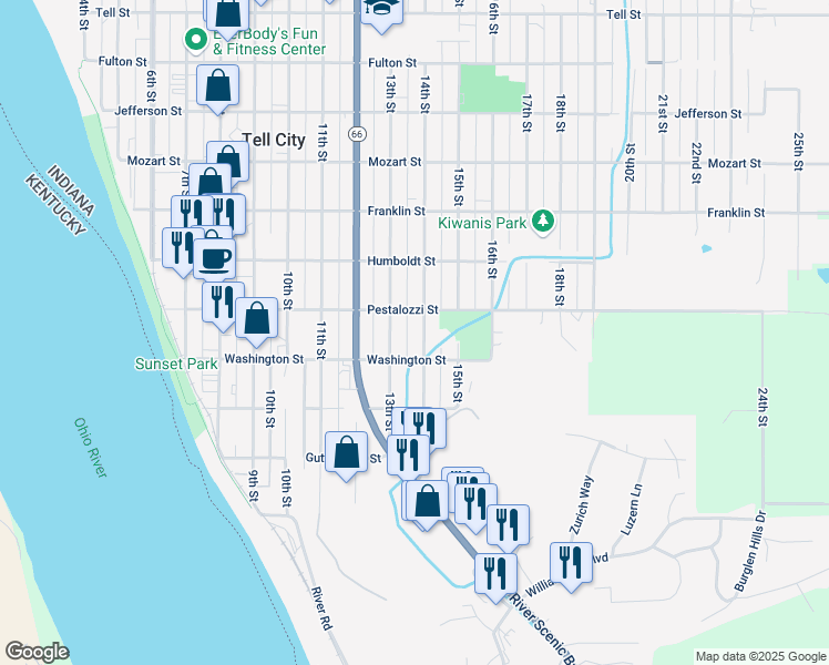 map of restaurants, bars, coffee shops, grocery stores, and more near 300-398 13th Street in Tell City