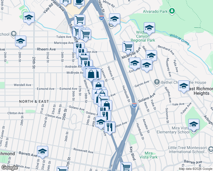 map of restaurants, bars, coffee shops, grocery stores, and more near 869 Lassen Street in Richmond