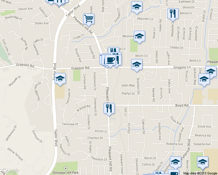 map of restaurants, bars, coffee shops, grocery stores, and more near 2270 Pleasant Hill Road in Pleasant Hill