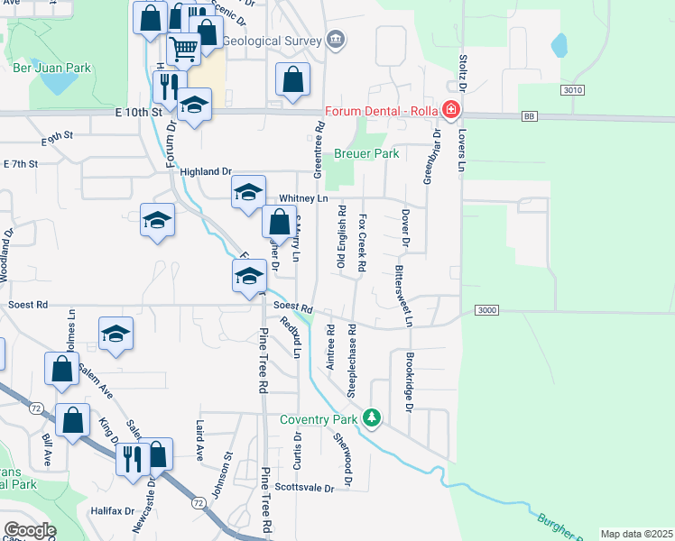 map of restaurants, bars, coffee shops, grocery stores, and more near 201 Old English Road in Rolla