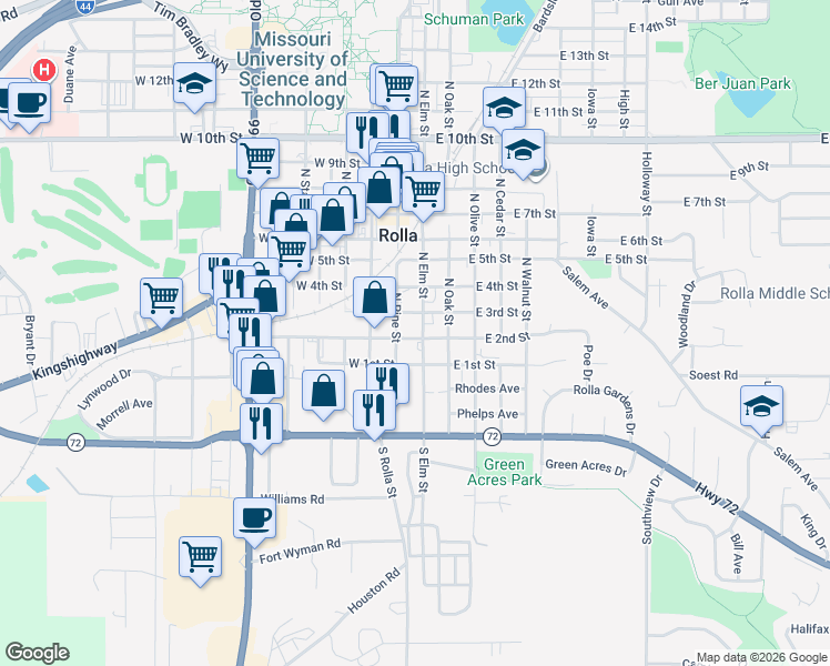 map of restaurants, bars, coffee shops, grocery stores, and more near 200 North Pine Street in Rolla