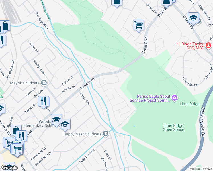 map of restaurants, bars, coffee shops, grocery stores, and more near 3510 Torino Way in Concord