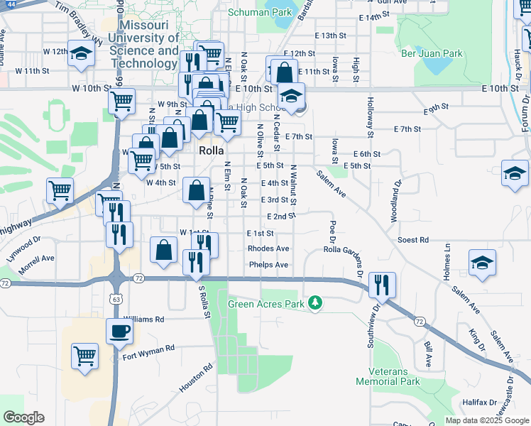 map of restaurants, bars, coffee shops, grocery stores, and more near 200 North Olive Street in Rolla