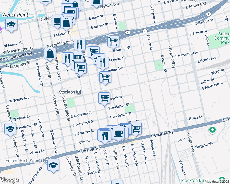 map of restaurants, bars, coffee shops, grocery stores, and more near 824 South American Street in Stockton