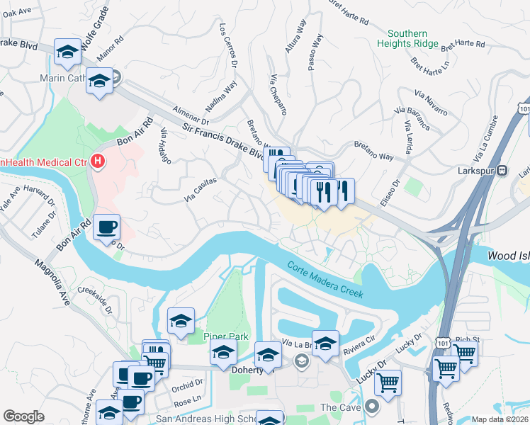 map of restaurants, bars, coffee shops, grocery stores, and more near 153 Upper Via Casitas in Larkspur