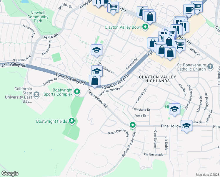 map of restaurants, bars, coffee shops, grocery stores, and more near 1248 New Hampshire Drive in Concord