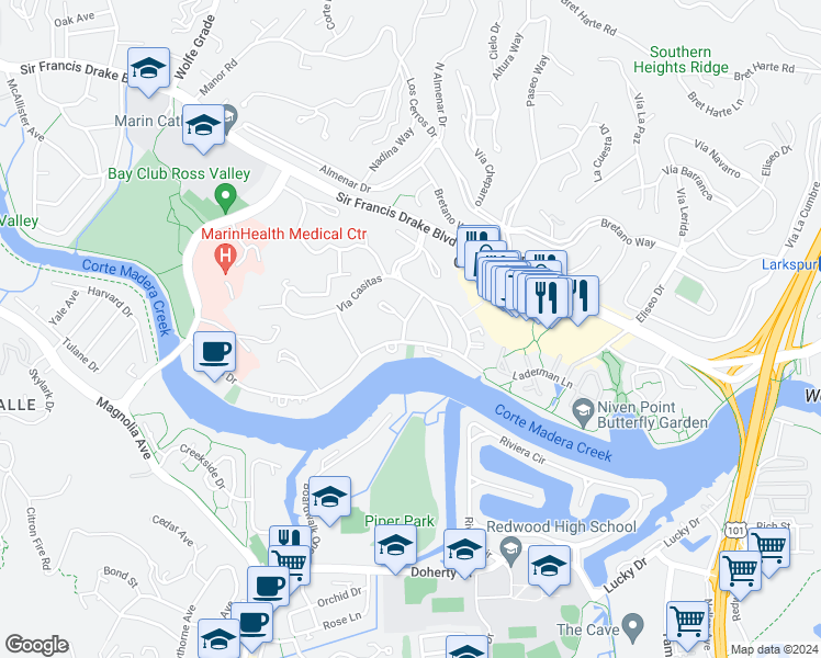 map of restaurants, bars, coffee shops, grocery stores, and more near 50 Vía Belardo in Larkspur