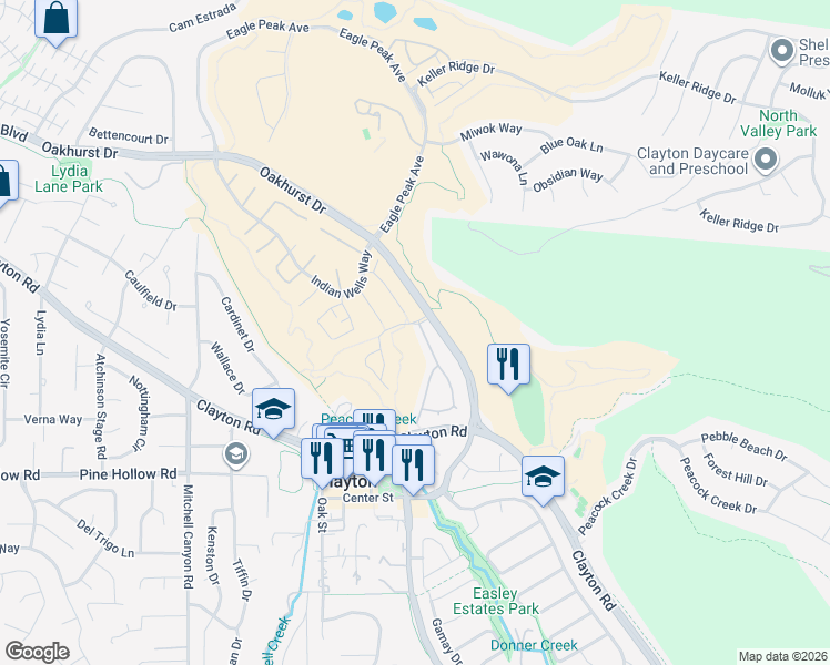 map of restaurants, bars, coffee shops, grocery stores, and more near 1396 Shell Lane in Clayton
