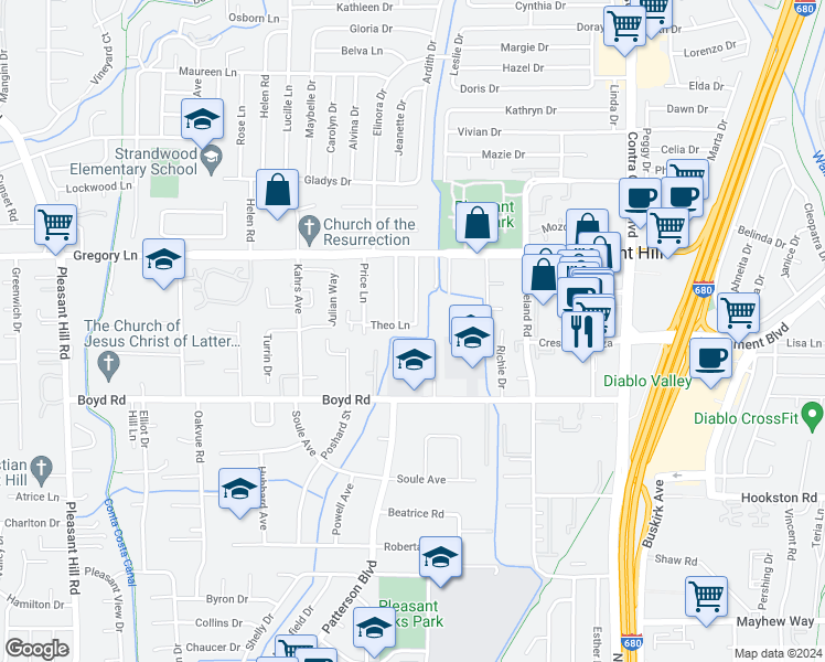 map of restaurants, bars, coffee shops, grocery stores, and more near 125 Theo Lane in Pleasant Hill