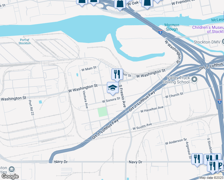 map of restaurants, bars, coffee shops, grocery stores, and more near 233 Visalia Court in Stockton