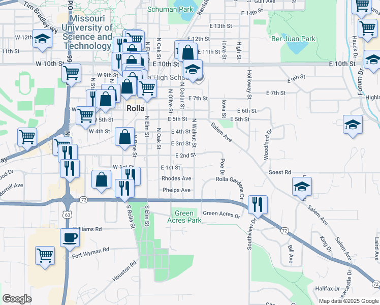 map of restaurants, bars, coffee shops, grocery stores, and more near 403 East 2nd Street in Rolla