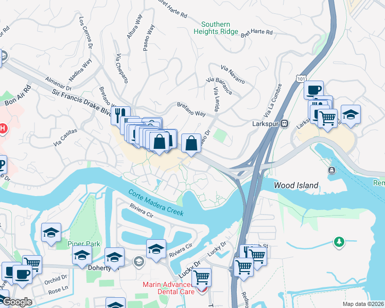 map of restaurants, bars, coffee shops, grocery stores, and more near Sir Francis Drake Blvd & Eliseo Dr in Greenbrae