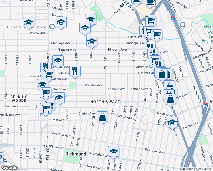 map of restaurants, bars, coffee shops, grocery stores, and more near 920 29th Street in Richmond