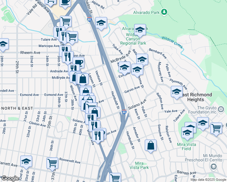 map of restaurants, bars, coffee shops, grocery stores, and more near 818 Humboldt Street in Richmond