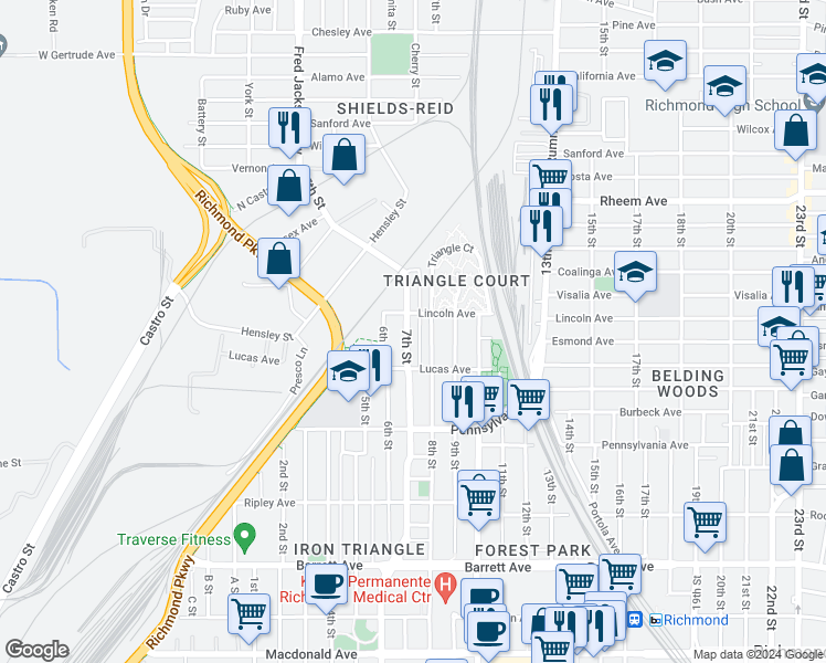 map of restaurants, bars, coffee shops, grocery stores, and more near 854 7th Street in Richmond