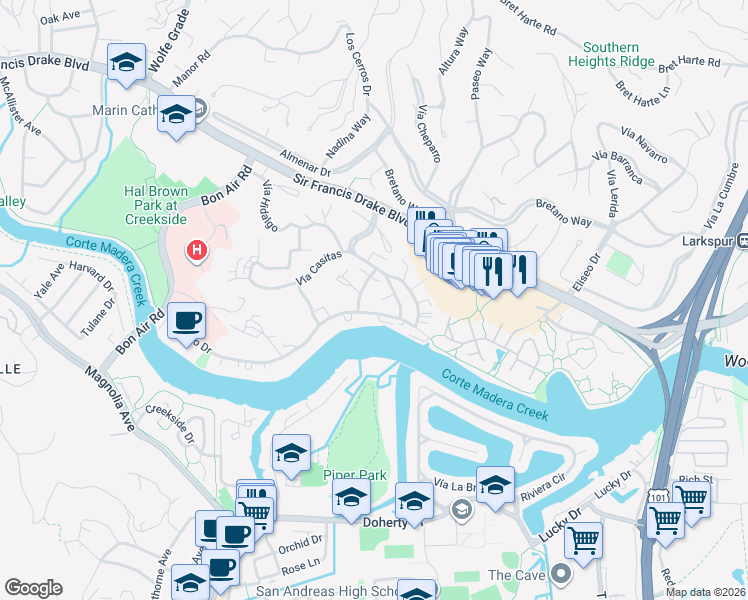 map of restaurants, bars, coffee shops, grocery stores, and more near 588 Vía Belardo in Larkspur