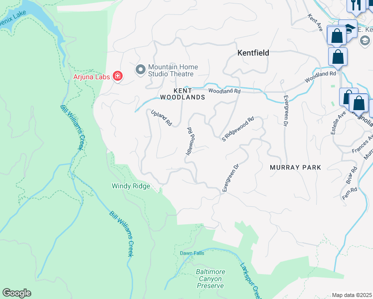 map of restaurants, bars, coffee shops, grocery stores, and more near 80 Idlewood Road in Kentfield