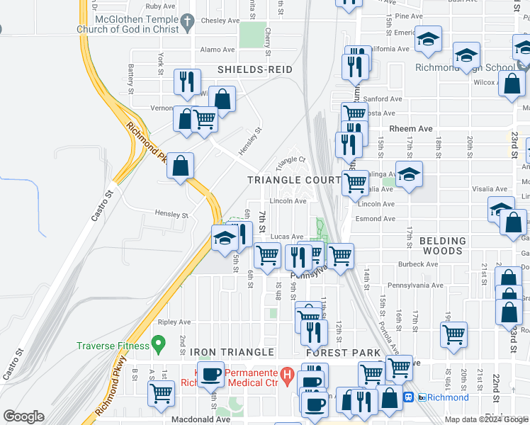 map of restaurants, bars, coffee shops, grocery stores, and more near 854 7th Street in Richmond