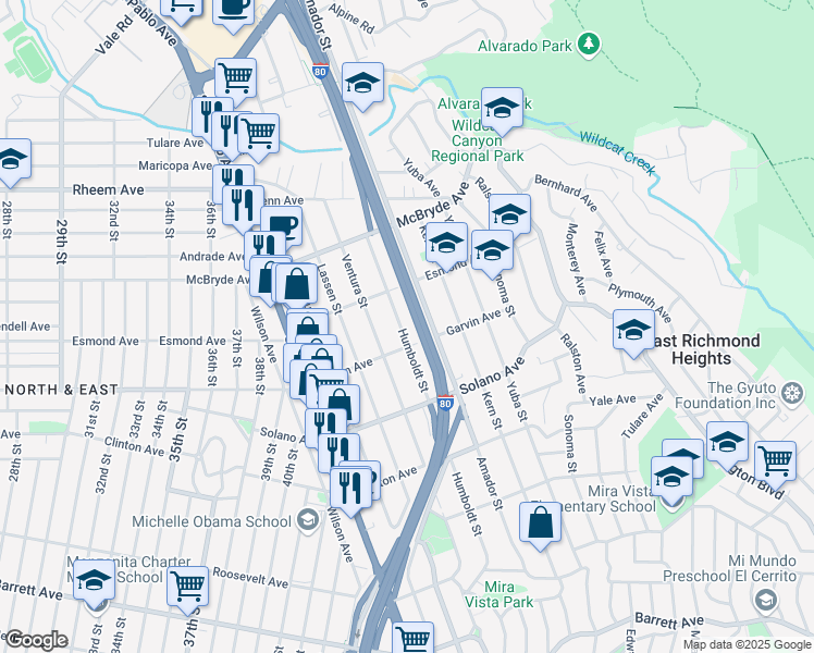map of restaurants, bars, coffee shops, grocery stores, and more near 818 Humboldt Street in Richmond