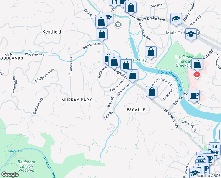 map of restaurants, bars, coffee shops, grocery stores, and more near 61 Frances Avenue in Larkspur
