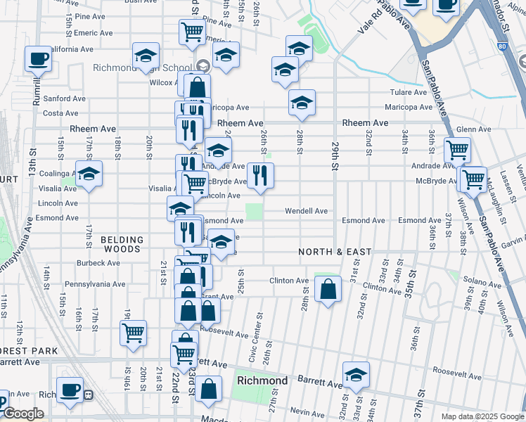 map of restaurants, bars, coffee shops, grocery stores, and more near Wendell Avenue in Richmond
