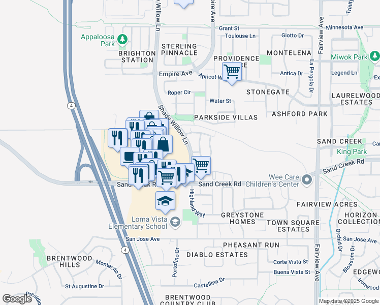 map of restaurants, bars, coffee shops, grocery stores, and more near in Brentwood
