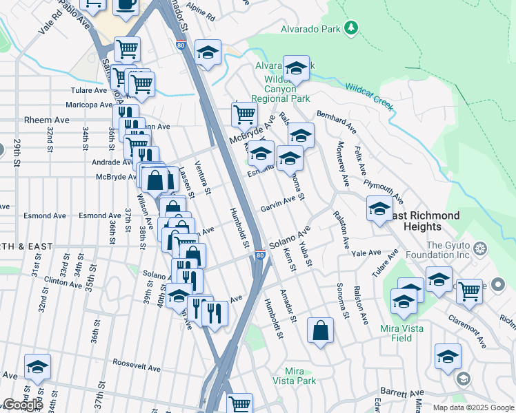 map of restaurants, bars, coffee shops, grocery stores, and more near 5411 Garvin Avenue in Richmond