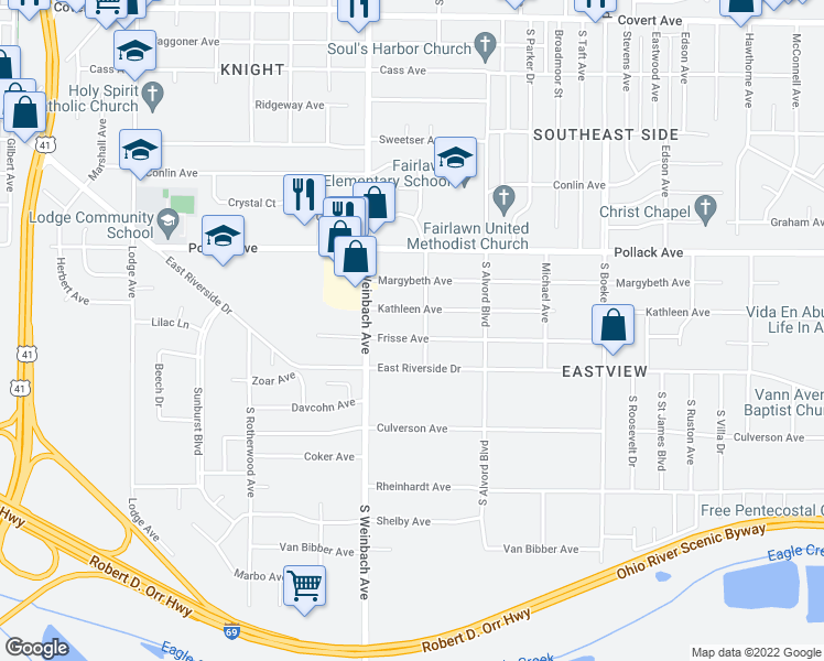 map of restaurants, bars, coffee shops, grocery stores, and more near 2036 Frisse Avenue in Evansville