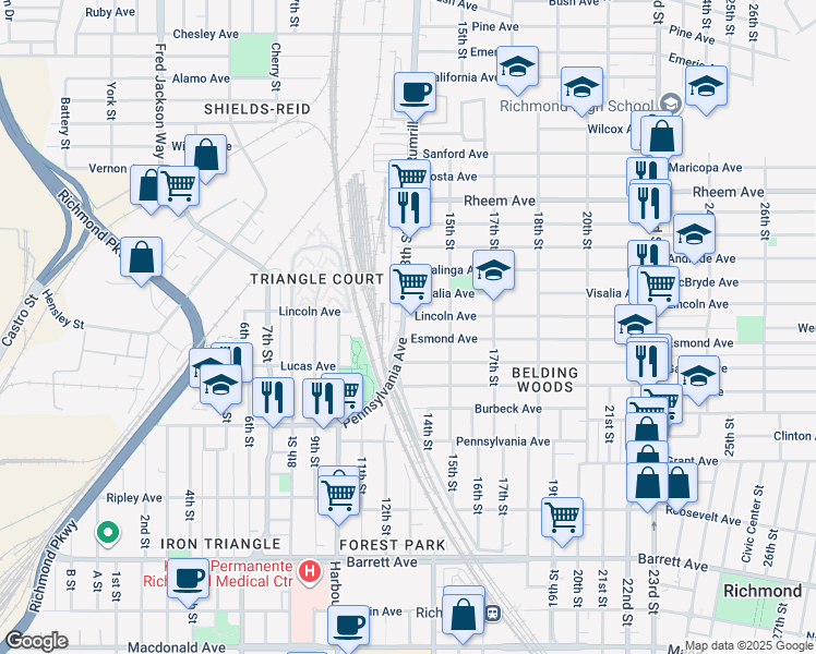map of restaurants, bars, coffee shops, grocery stores, and more near 1307 Esmond Avenue in Richmond