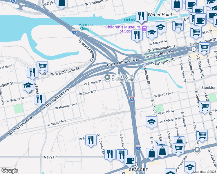 map of restaurants, bars, coffee shops, grocery stores, and more near 447 South Stockton Street in Stockton