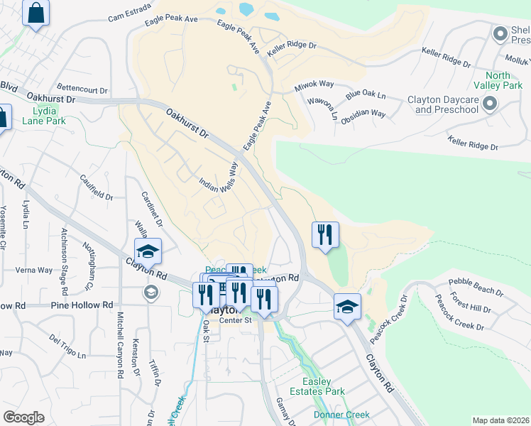 map of restaurants, bars, coffee shops, grocery stores, and more near 1398 Shell Lane in Clayton
