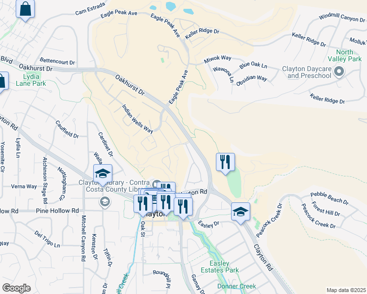 map of restaurants, bars, coffee shops, grocery stores, and more near 1398 Shell Ln in Clayton