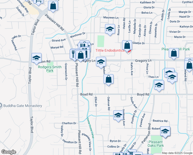 map of restaurants, bars, coffee shops, grocery stores, and more near 109 Allen Way in Pleasant Hill