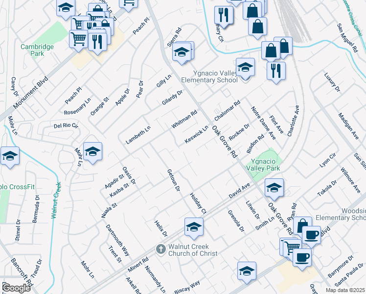 map of restaurants, bars, coffee shops, grocery stores, and more near 1900 Keswick Lane in Concord