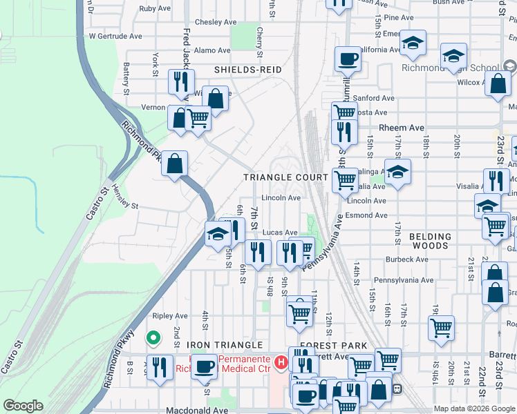map of restaurants, bars, coffee shops, grocery stores, and more near 854 7th Street in Richmond