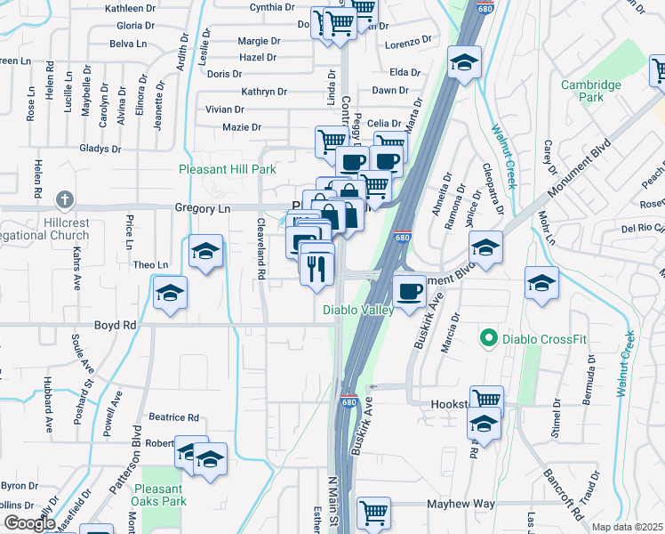 map of restaurants, bars, coffee shops, grocery stores, and more near 100 Crescent Drive in Pleasant Hill