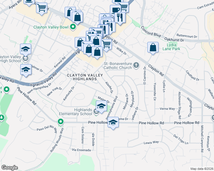 map of restaurants, bars, coffee shops, grocery stores, and more near 5522 Alaska Drive in Concord