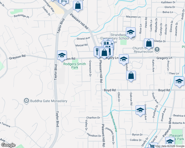 map of restaurants, bars, coffee shops, grocery stores, and more near 200 Greenwich Drive in Pleasant Hill