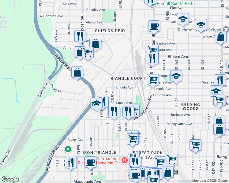 map of restaurants, bars, coffee shops, grocery stores, and more near 852 7th Street in Richmond