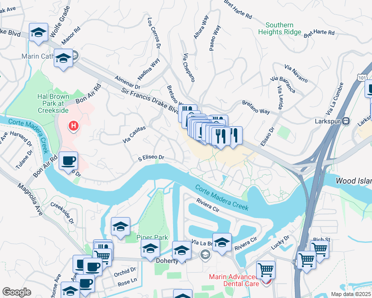 map of restaurants, bars, coffee shops, grocery stores, and more near 120 Lower Via Casitas in Larkspur